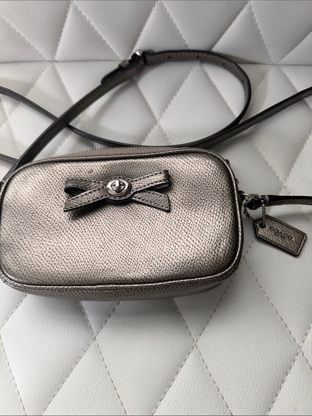 Coach Metallic Silver Crossbody with Bow Accent